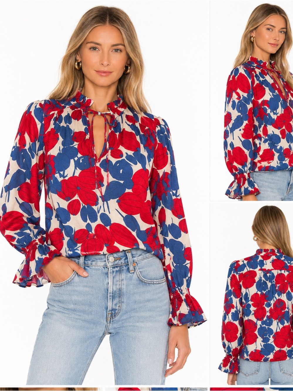 Monica Mahoney Floral Ruffle Tie Neck Blouse Red Blue Size M Made in USA